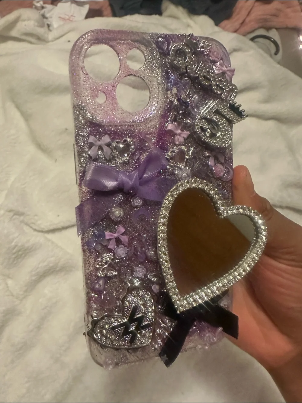 iPhone 13 custom junk case Decorative Purple Bling Phone Case with Heart Mirror